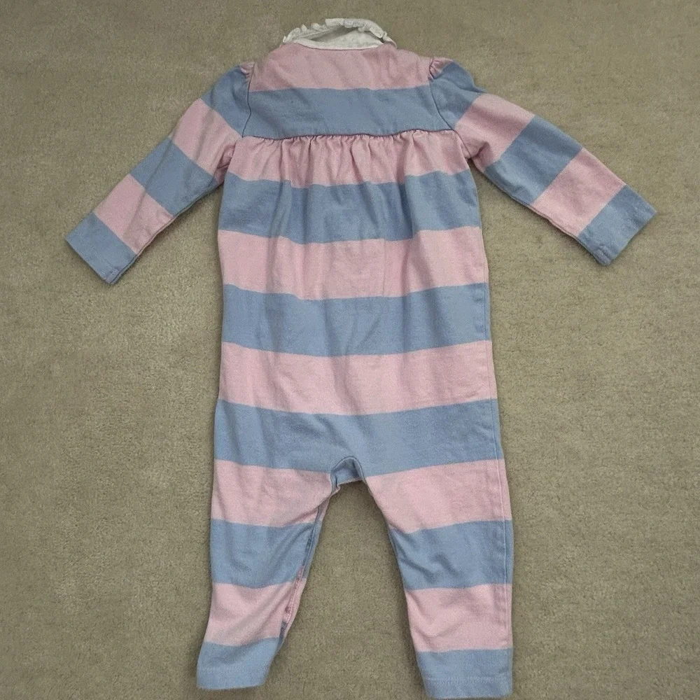 Ralph Lauren Baby Girl Romper 9M Pink Blue Striped Long Sleeve